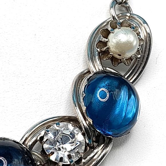 Vintage Blue Cabochon Choker Necklace, Faux Pearl Clear Rhinestone, 1950 Jewelry - Picture 5 of 10
